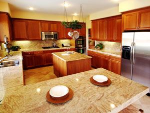 stone tile countertops in a custom kitchen
